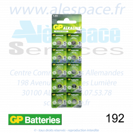 GP BATTERIES 192 - LR41 - V3GA - Pile bouton Alcaline - 1,5V - Blister x10 Piles - Photo 001