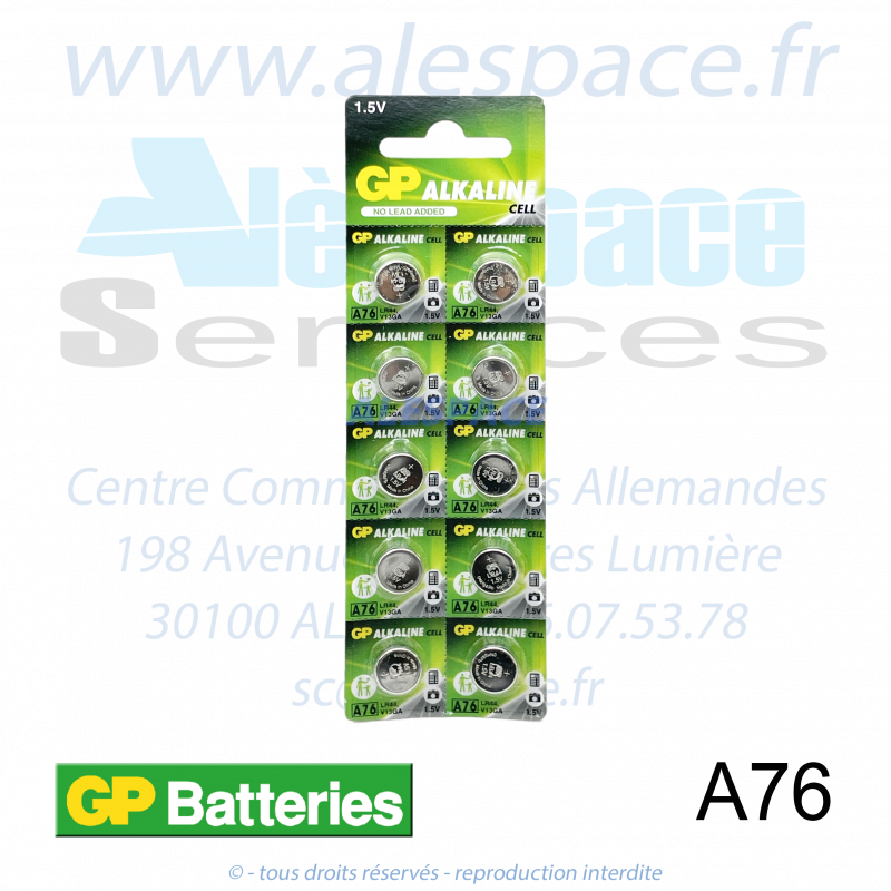 GP BATTERIES A76 - LR44 - V13GA - Pile bouton Alcaline - 1,5V - Blister x10 Piles - Photo 001 GP BATTERIES A76 - LR44 - V13GA - Pile bouton Alcaline - 1,5V - Blister x10 Piles - Photo 001
