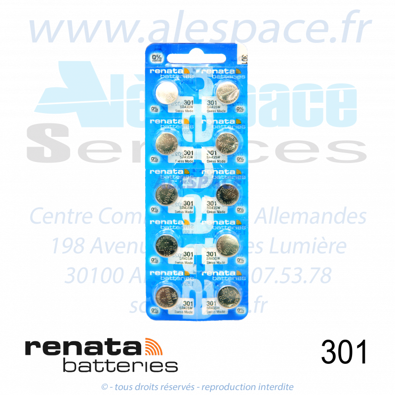 Blister x10 Piles RENATA 301 - SR43SW - Pile de montre 1,55V - Blister x10 Piles - Photo 001 Blister x10 Piles RENATA 301 - SR43SW - Pile de montre 1,55V - Blister x10 Piles - Photo 001