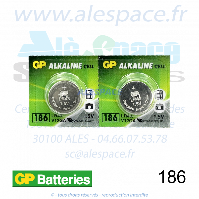 GP BATTERIES 186 - LR43 - V12GA - Pile bouton Alcaline - 1,5V - Blister x2 Piles - Photo 001 GP BATTERIES 186 - LR43 - V12GA - Pile bouton Alcaline - 1,5V - Blister x2 Piles - Photo 001